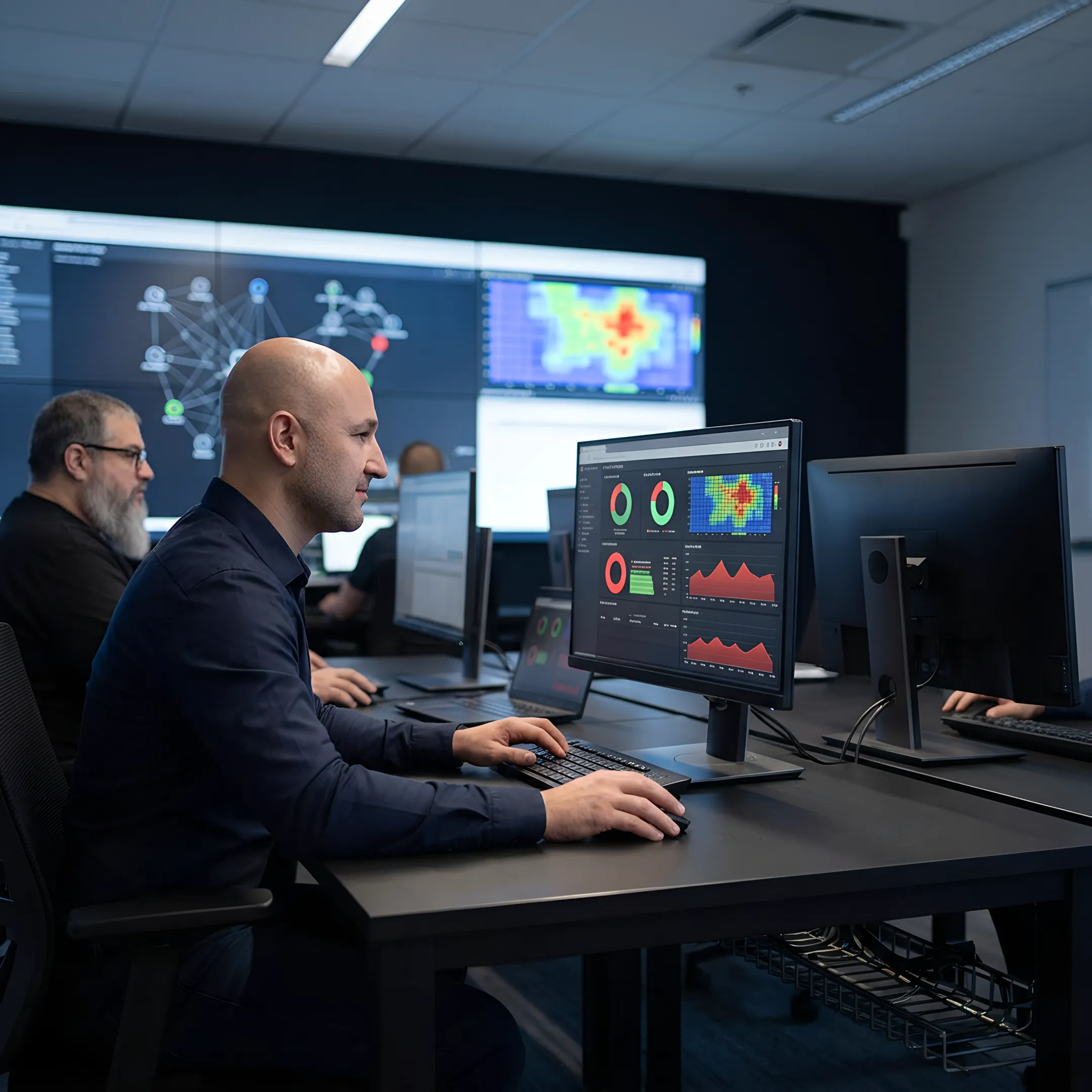 Security operations team monitoring business networks and cybersecurity alerts