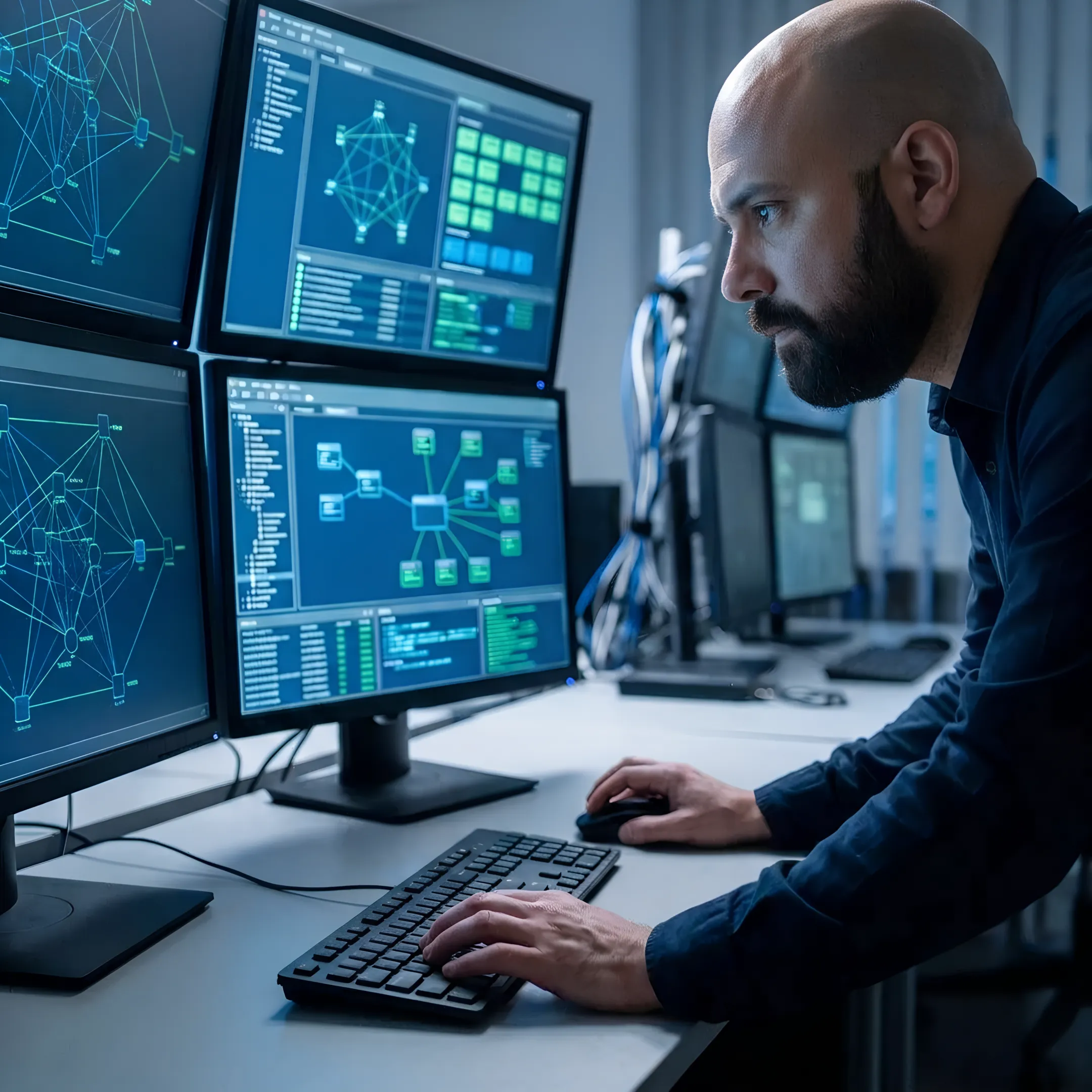 Technician monitoring a business network dashboard