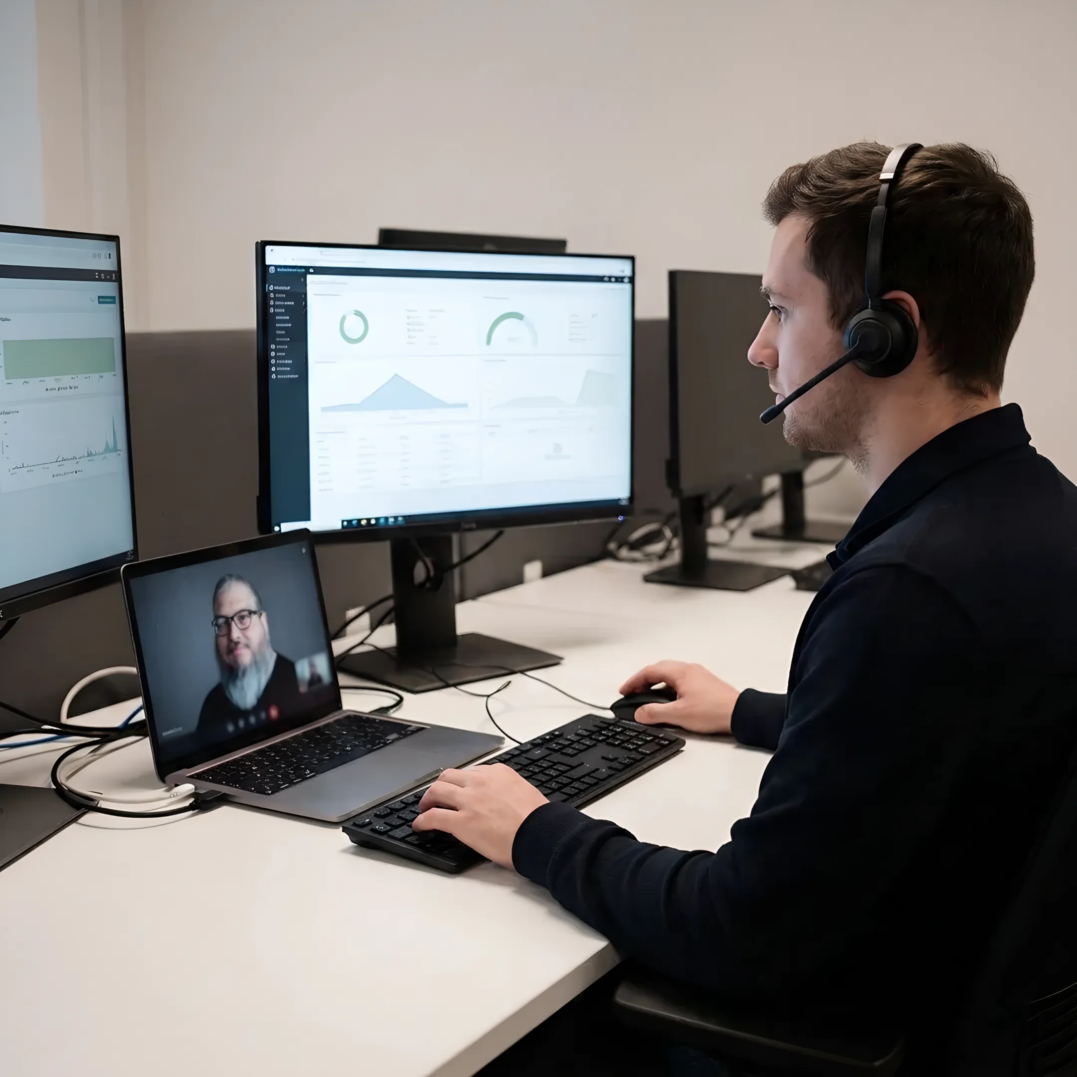 Technician providing remote support to a business employee