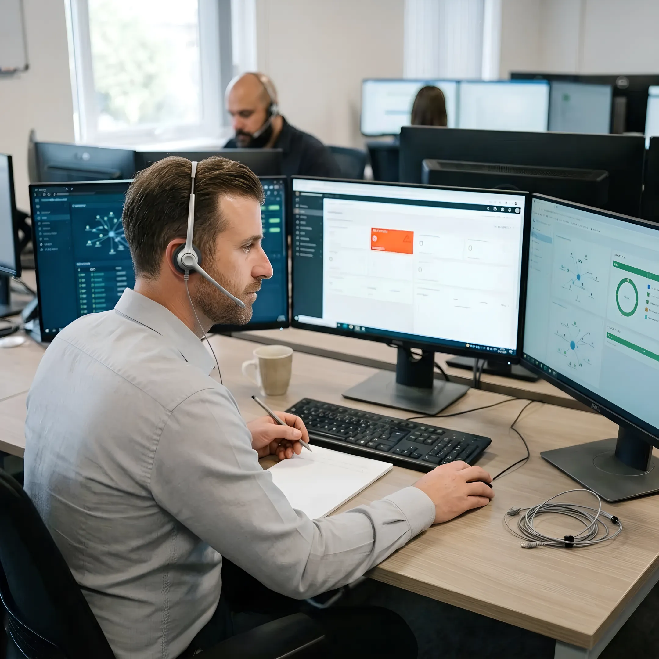 Technician providing remote IT support to a business