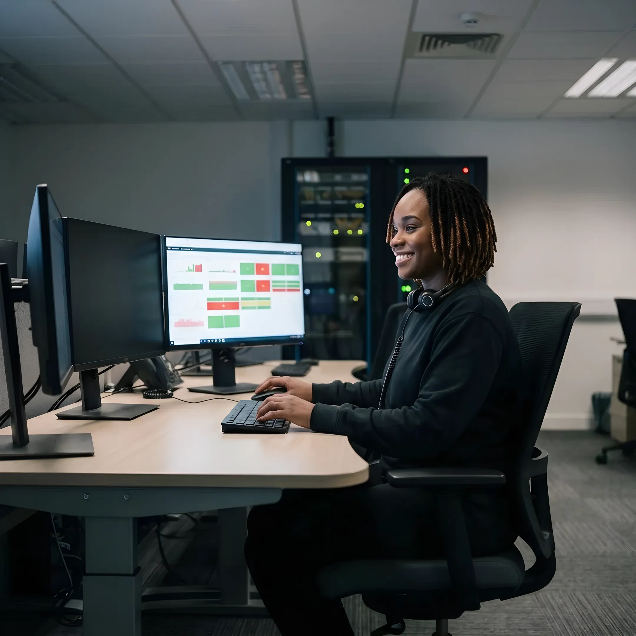 Technician monitoring business applications on multiple screens
