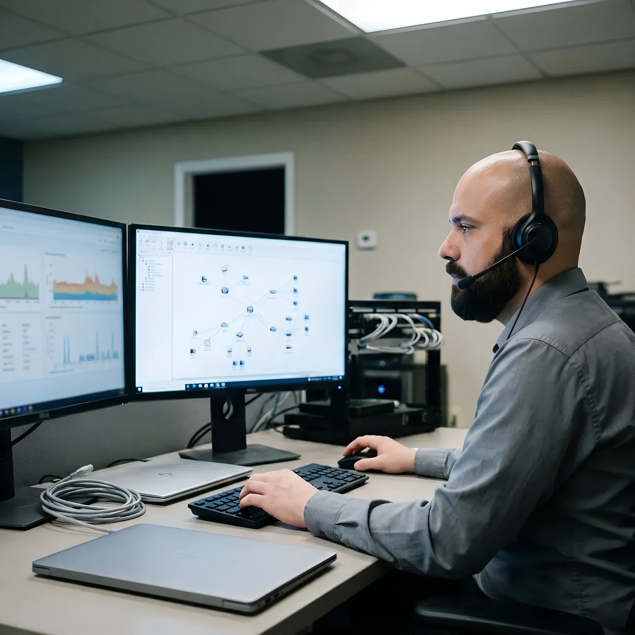 Technician troubleshooting business technology