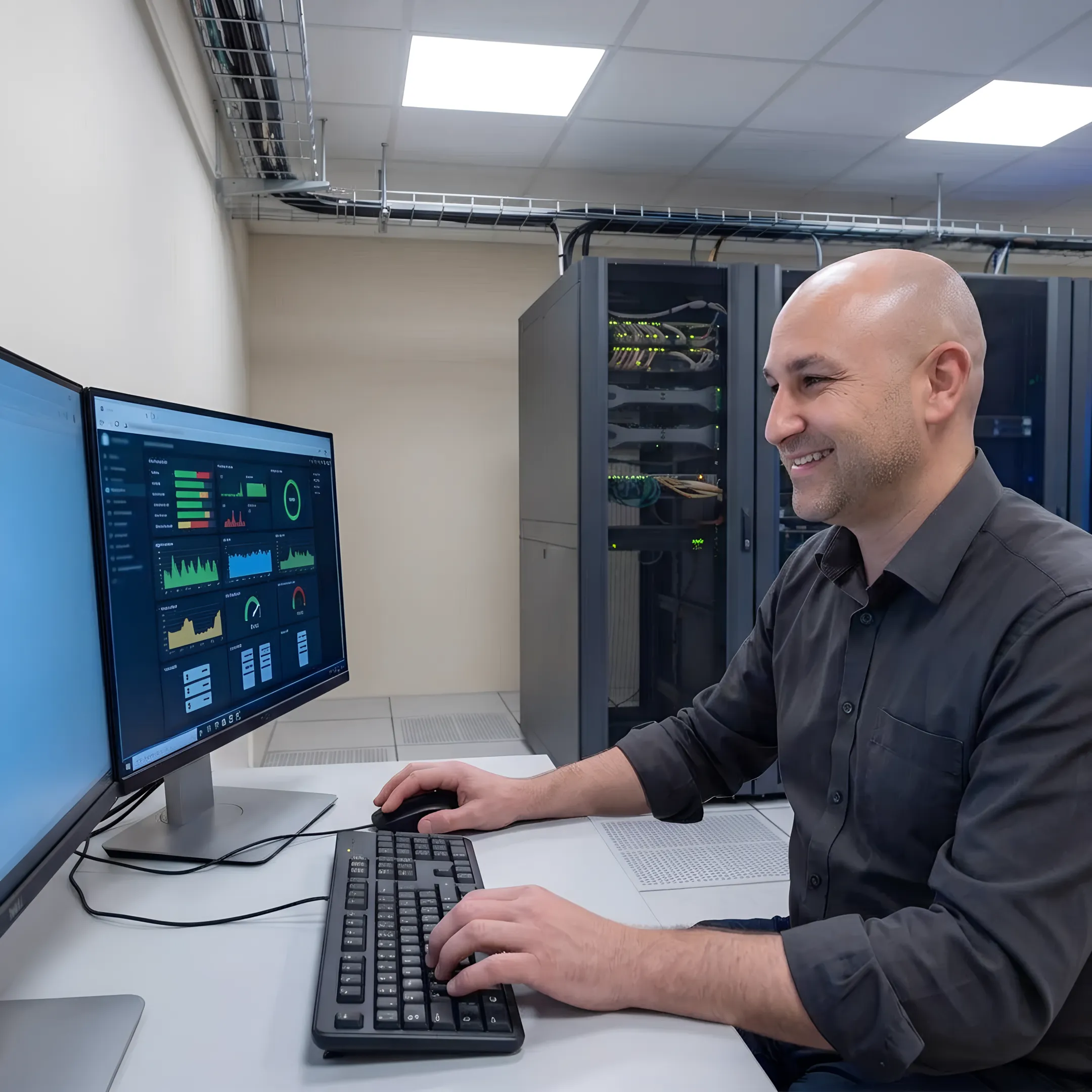 Technician reviewing a business disaster recovery dashboard