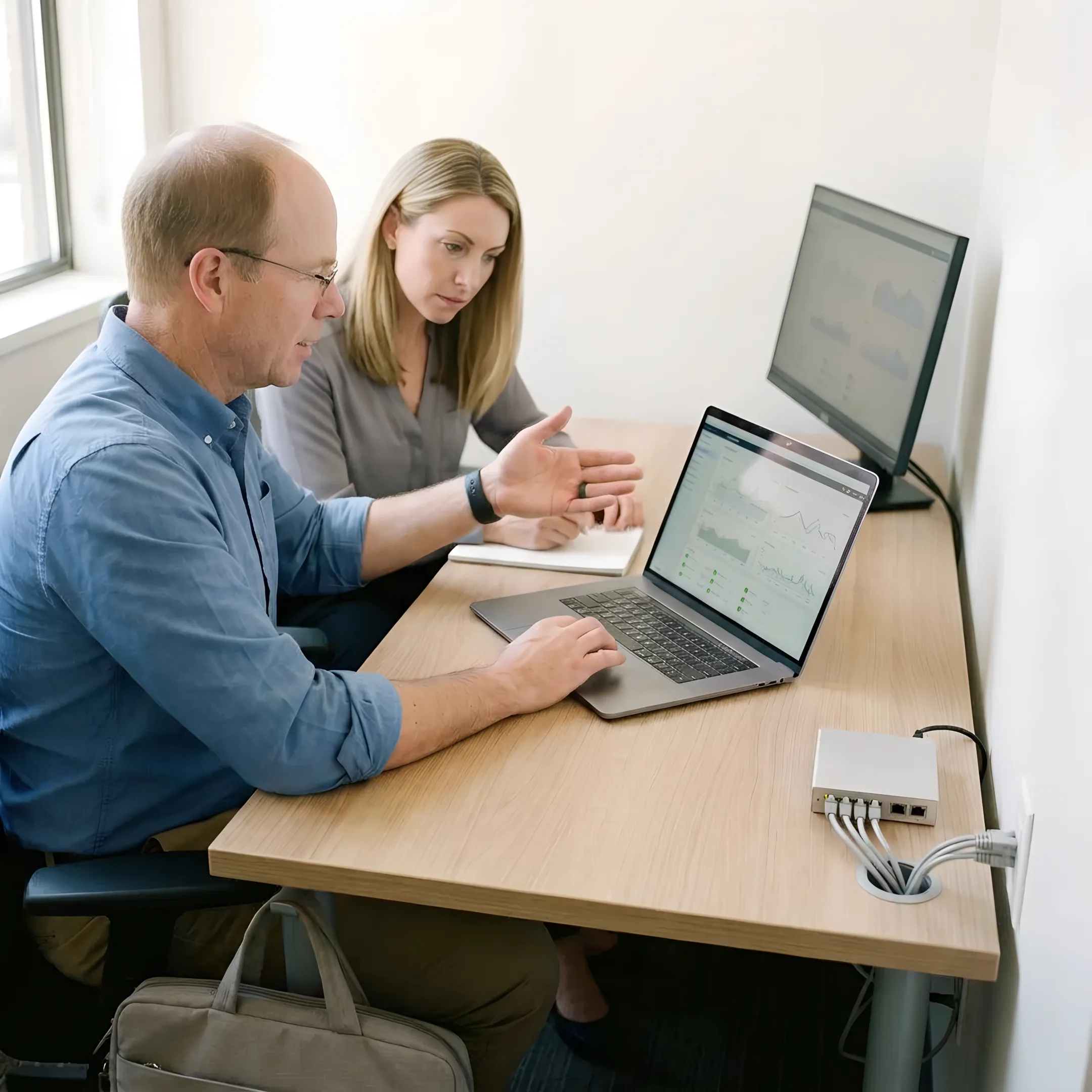 Technician assisting a small business with IT support