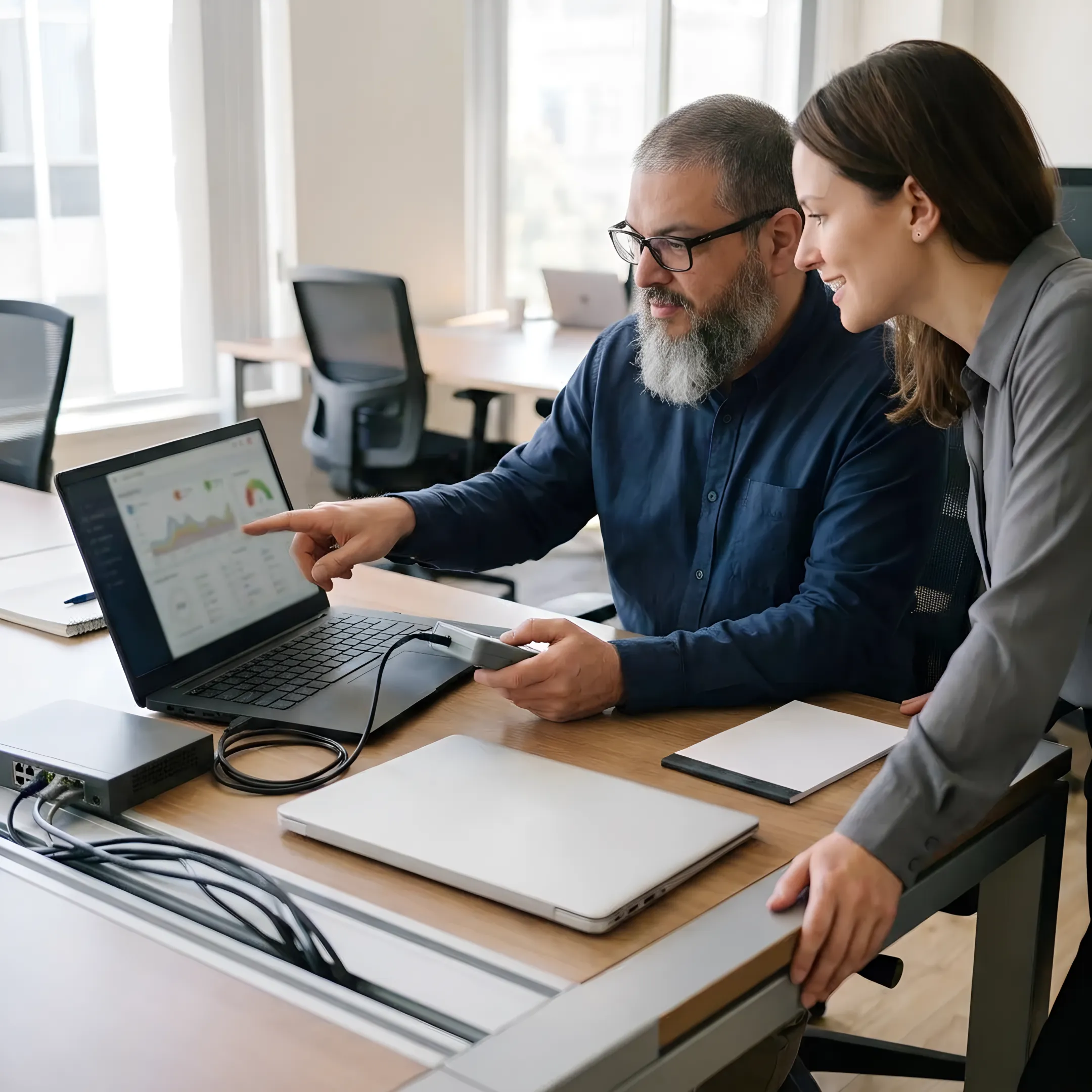 IT technician assisting a small business team with technology support