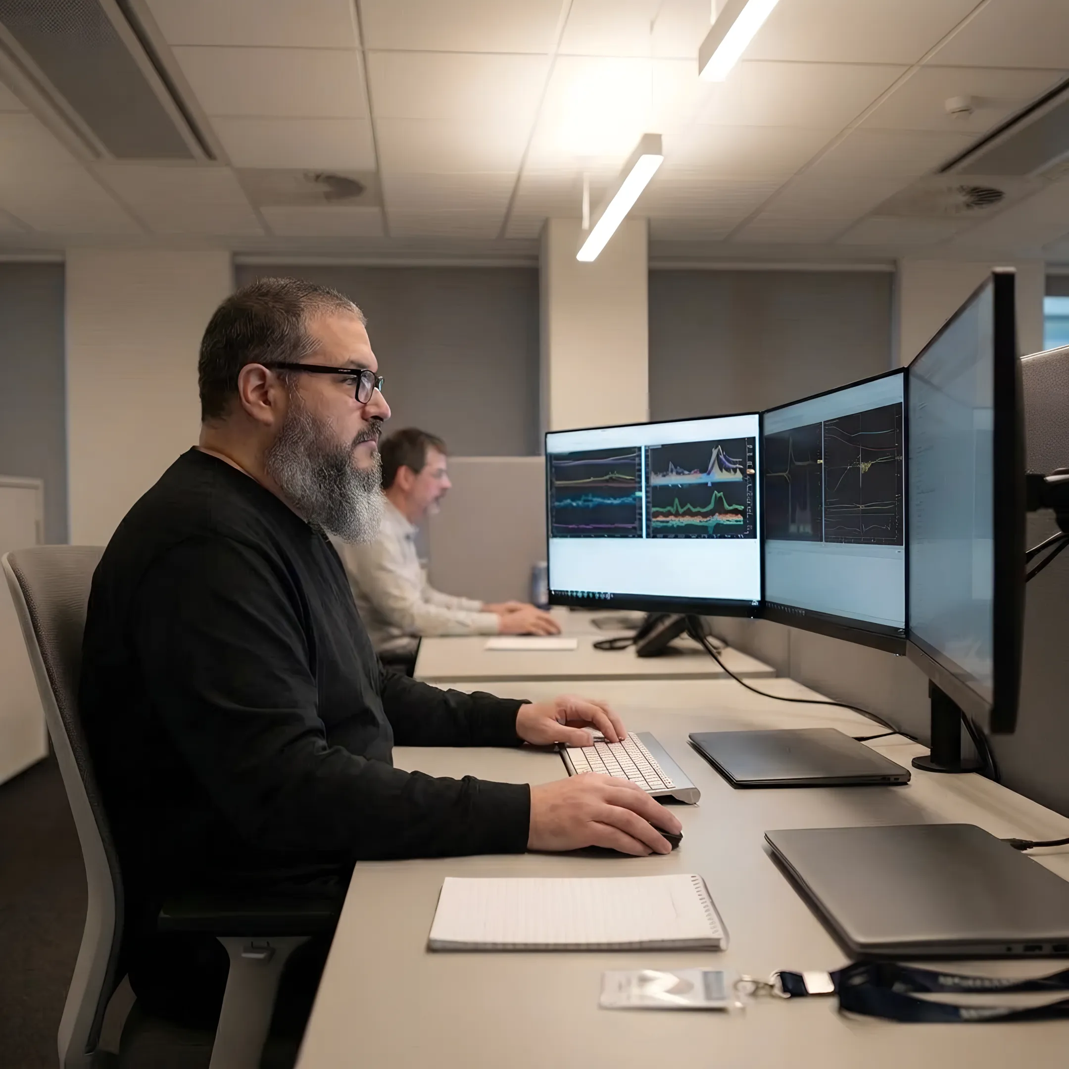 Security team monitoring business systems and threat alerts