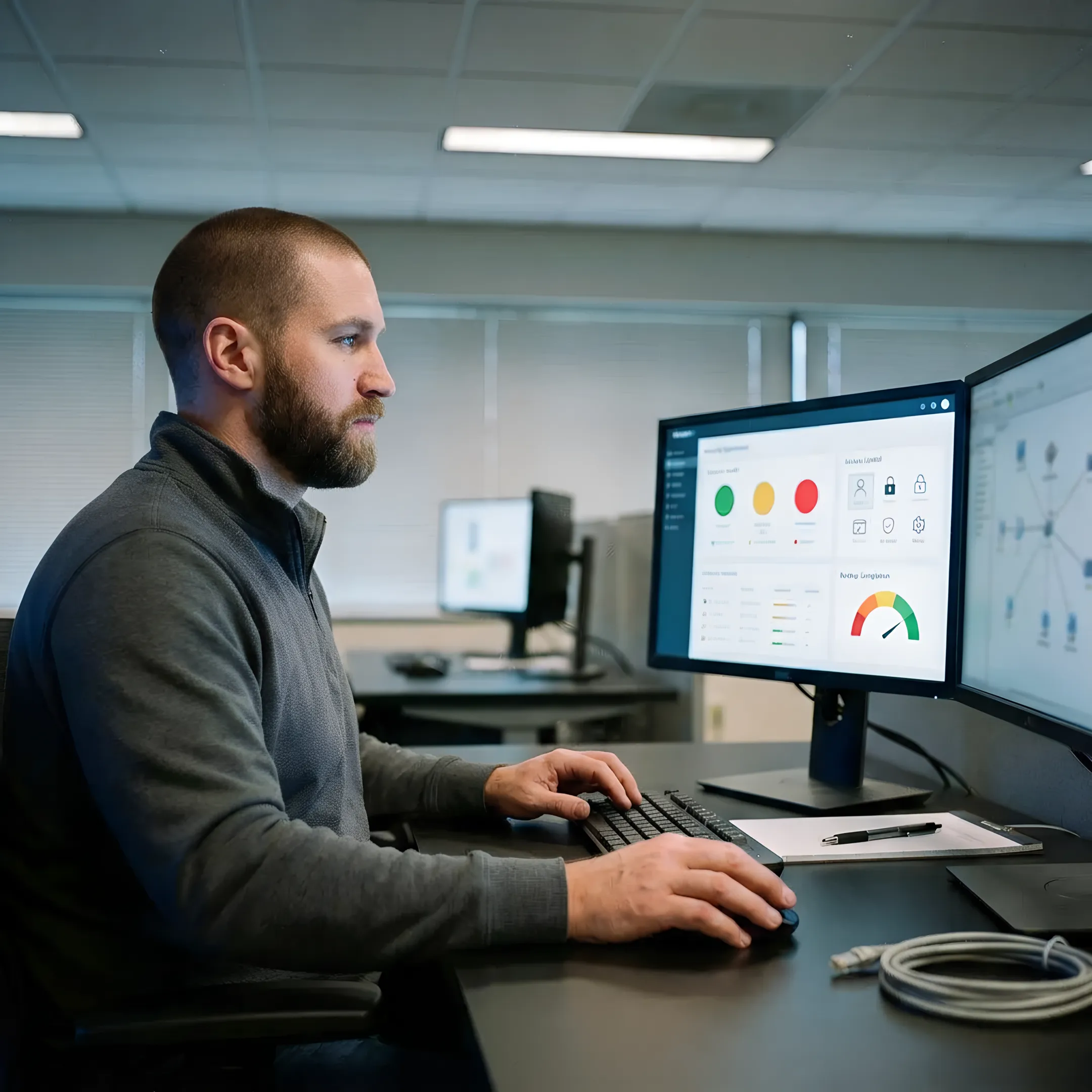 Technician reviewing managed cybersecurity protections