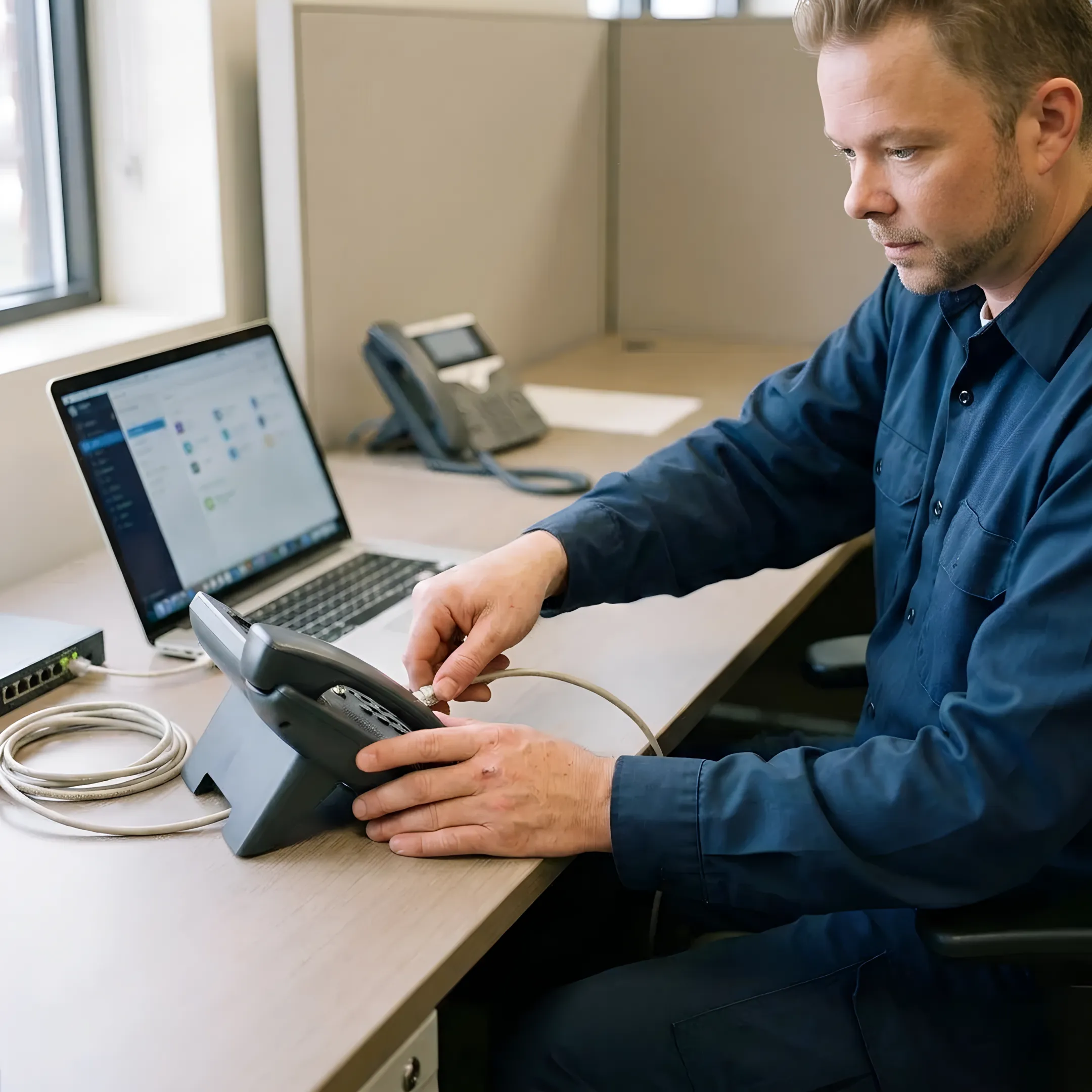 Technician configuring VoIP phones in a small business office