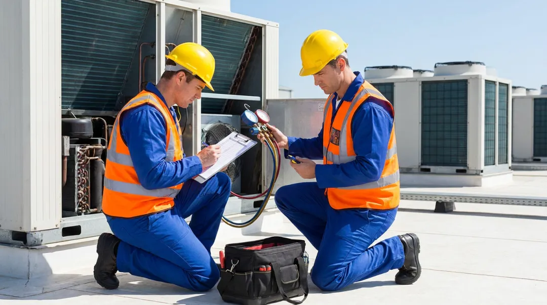 HVAC technician performing commercial rooftop unit inspection and preventive maintenance service