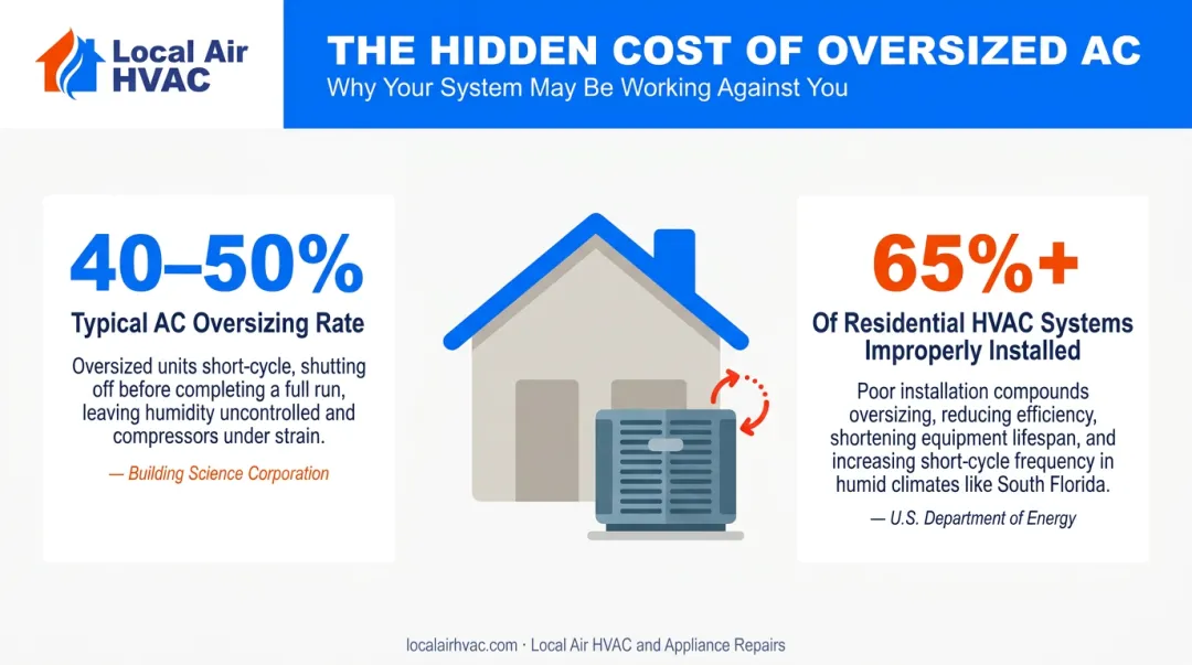 AC oversizing statistics showing 40-50 percent oversizing rate and improper installation data
