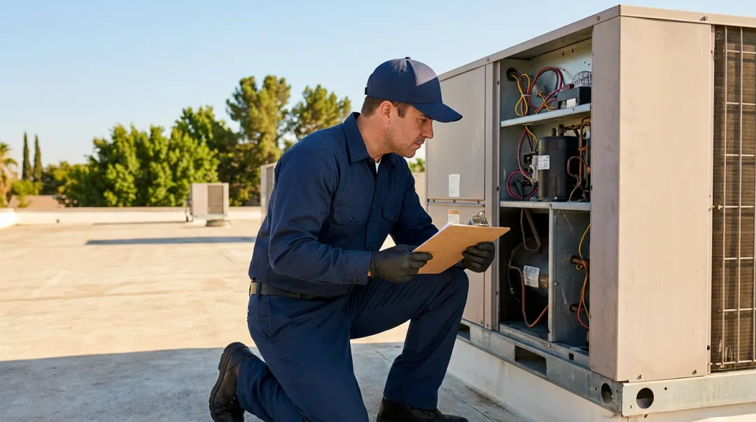 Commercial HVAC technician performing rooftop unit maintenance inspection in Florida