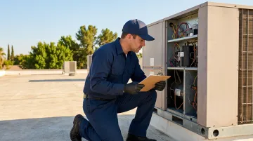 Commercial HVAC technician performing rooftop unit maintenance inspection in Florida