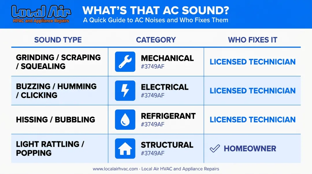 AC sound category repair responsibility chart mechanical electrical refrigerant structural