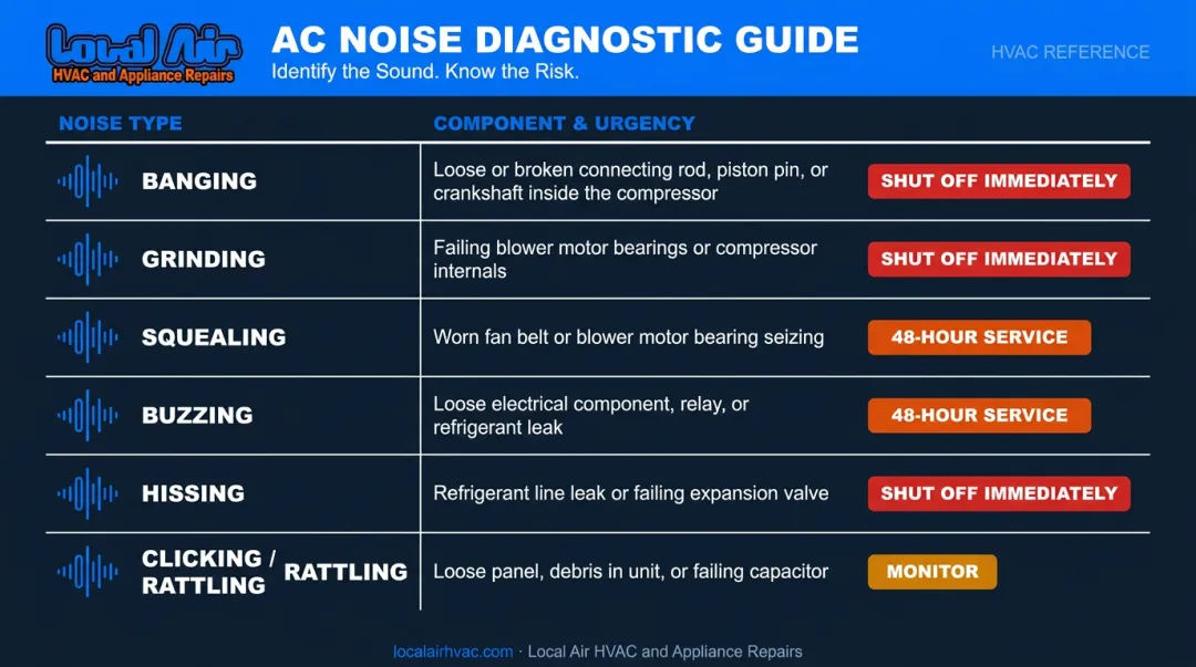 AC noise types mapped to failing components urgency levels infographic