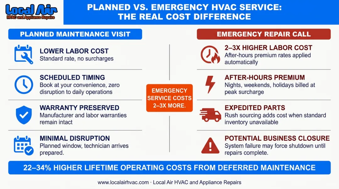 Planned versus emergency commercial AC repair cost comparison side-by-side infographic