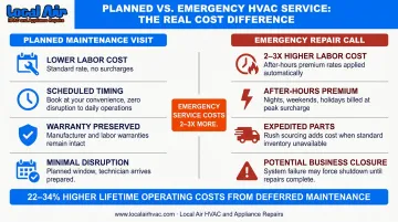 Planned versus emergency commercial AC repair cost comparison side-by-side infographic