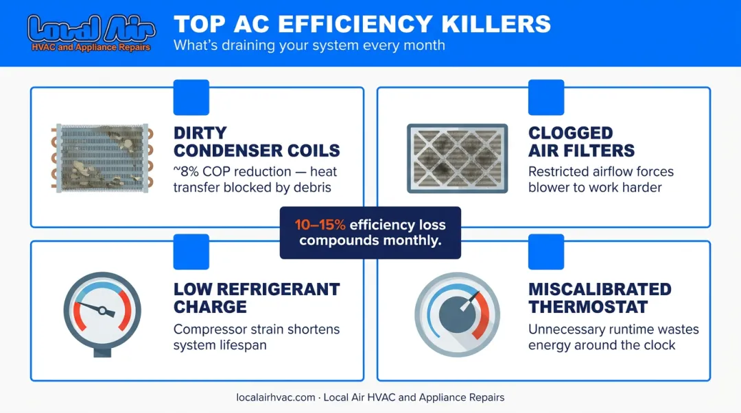 Four commercial AC efficiency killers and their energy penalty percentages infographic
