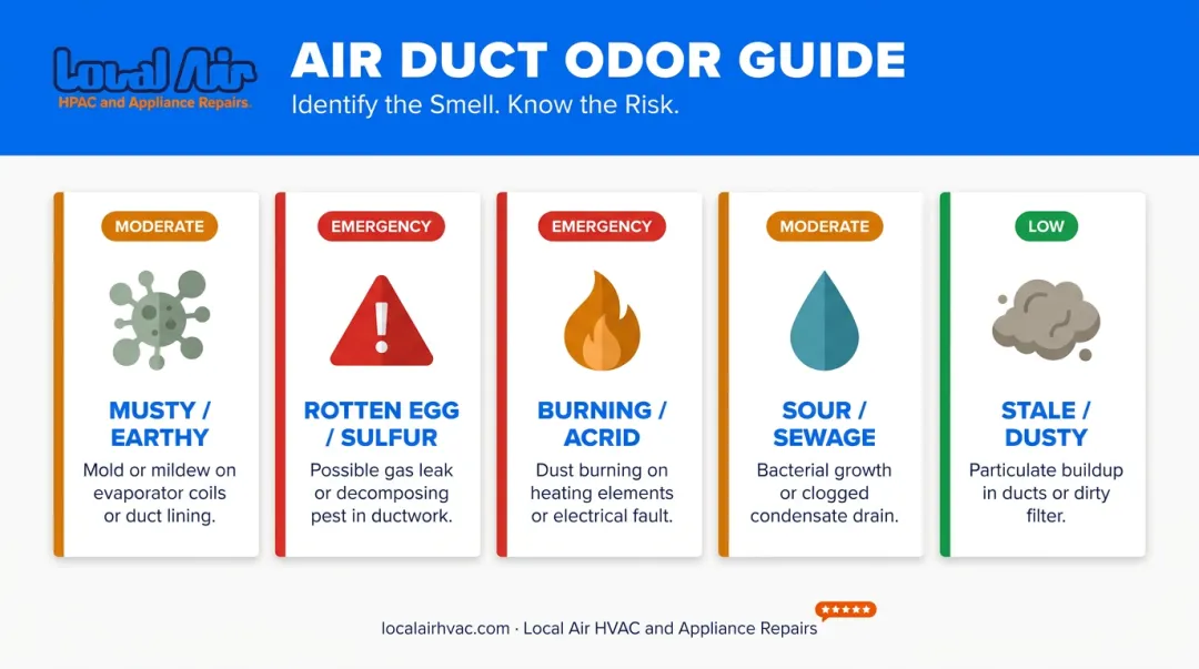 5 HVAC duct odor types diagnostic guide identifying root causes and urgency levels