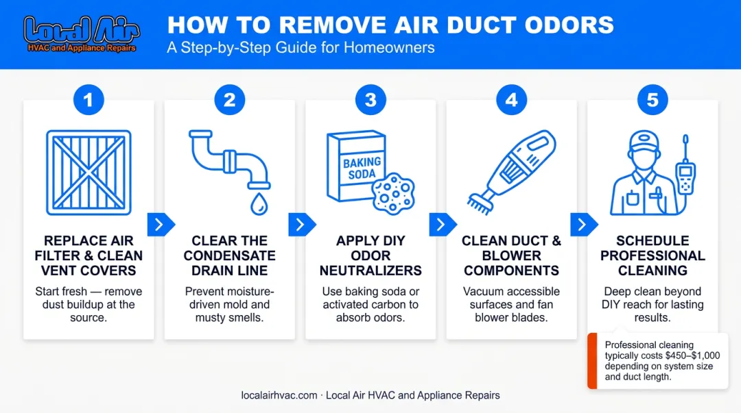 5-step air duct odor removal process from filter replacement to professional cleaning