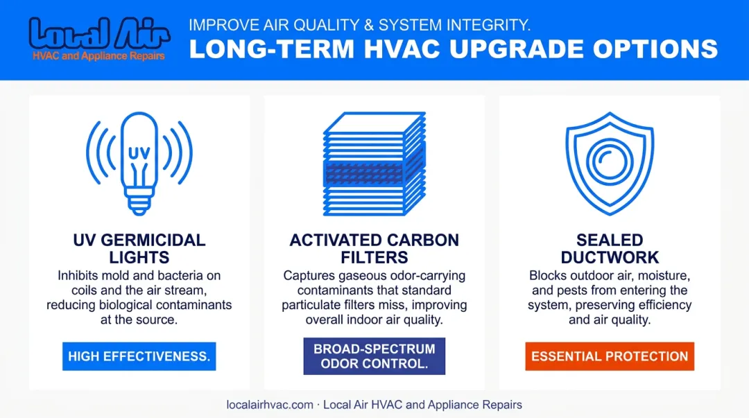 Long-term HVAC odor prevention upgrades UV lights carbon filters and sealed ductwork comparison