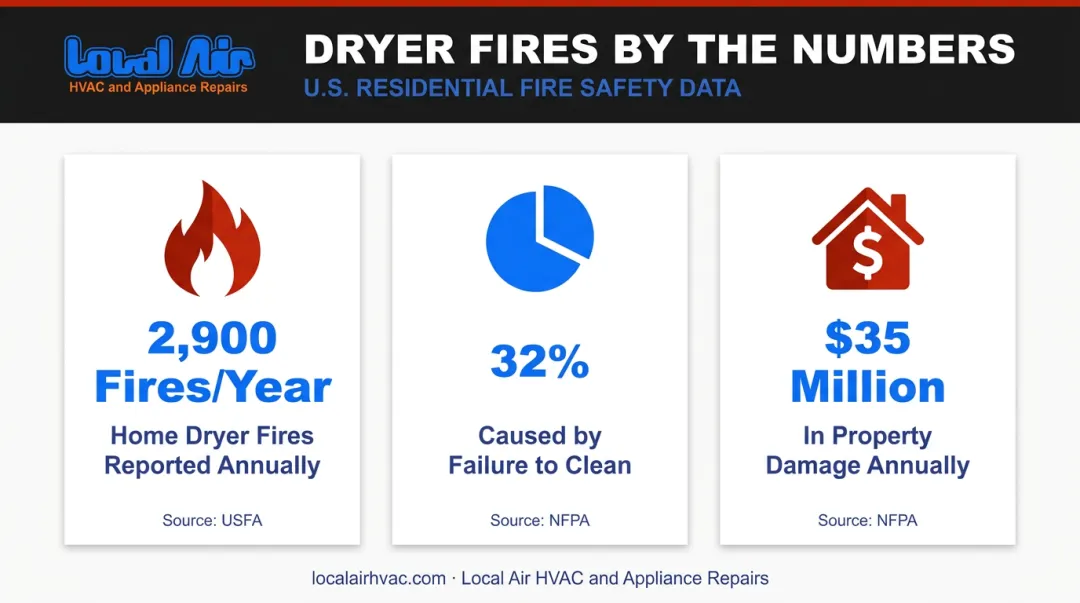 NFPA and USFA dryer fire statistics showing failure to clean causes 32 percent of fires