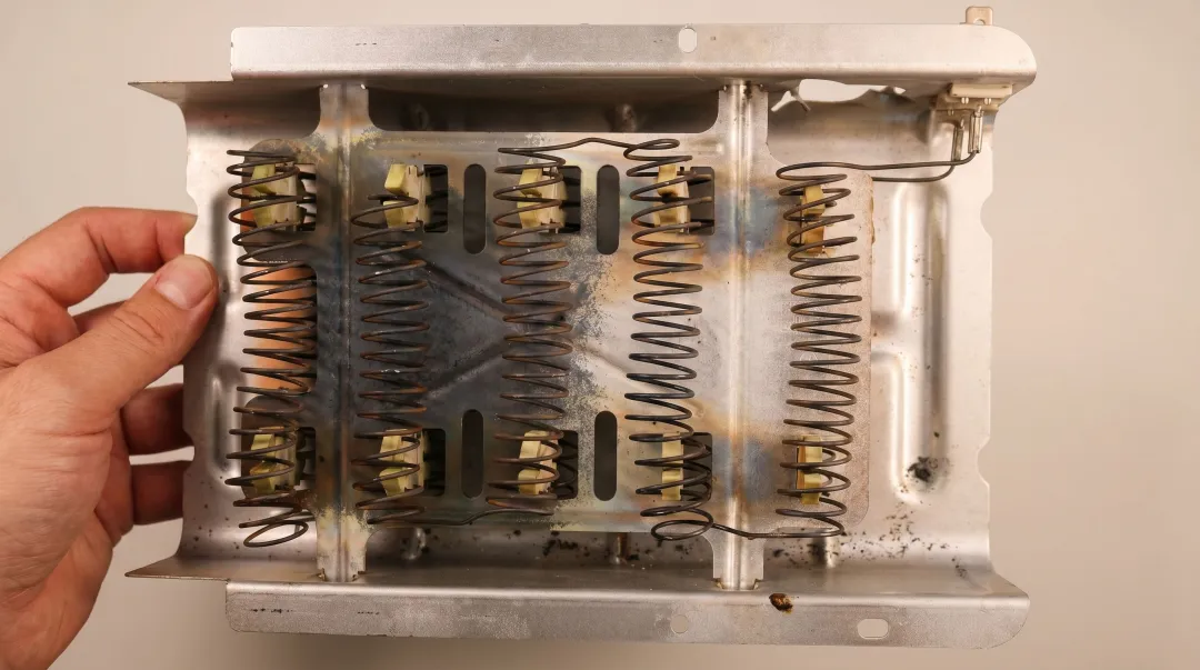 Dryer heating element and internal components showing wear from restricted airflow damage