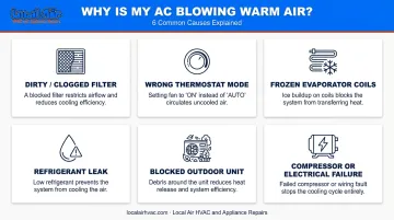 Six common AC warm air causes illustrated as diagnostic overview infographic