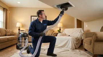 HVAC technician performing professional duct cleaning service inside residential home