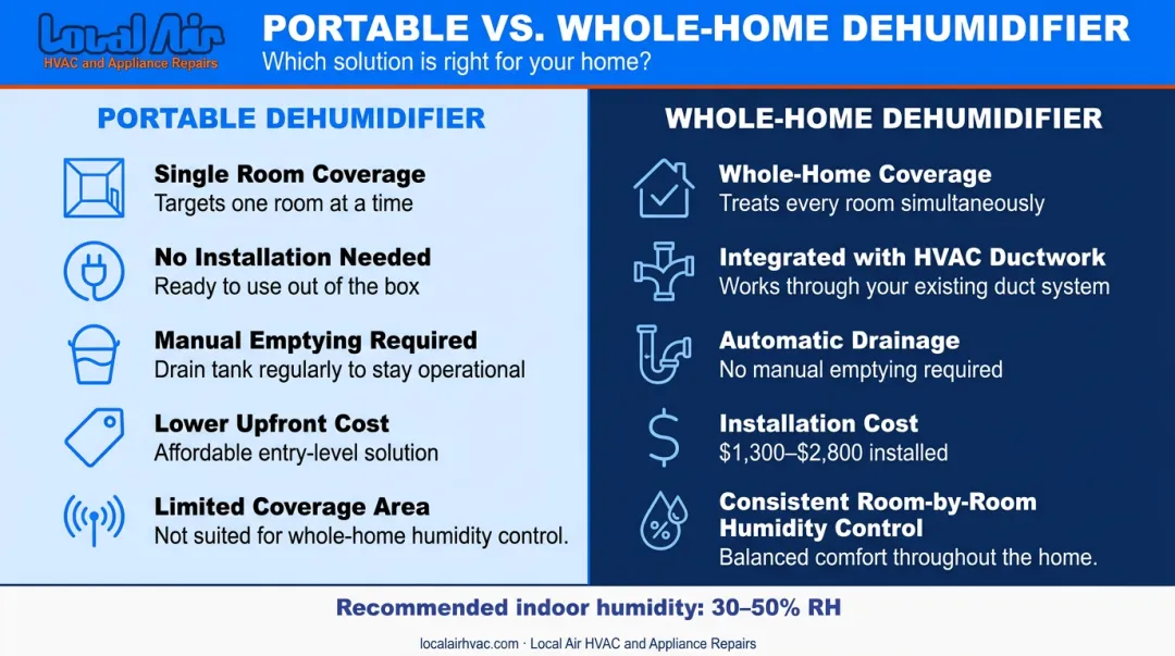 Portable versus whole-home dehumidifier side-by-side comparison with cost and coverage details