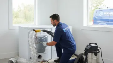 Professional technician cleaning clogged dryer vent duct with specialized brush tool