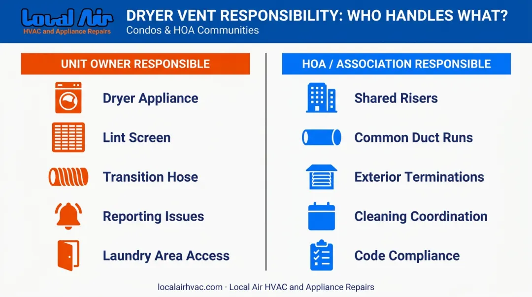 Condo dryer vent responsibility split between unit owner and HOA comparison chart
