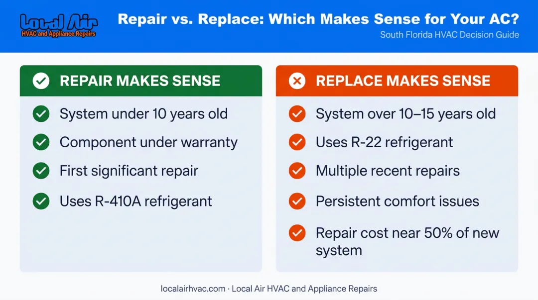 AC repair versus replacement decision factors side-by-side comparison infographic