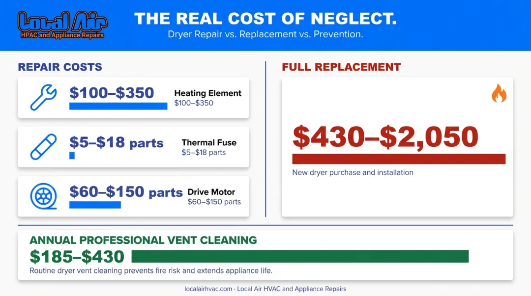 Dryer component repair costs versus replacement cost comparison chart breakdown