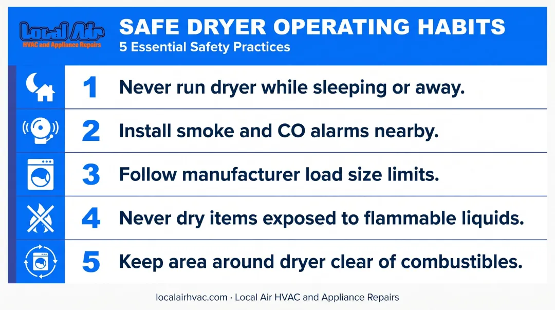Dryer fire prevention checklist with five safe operating habits and icons