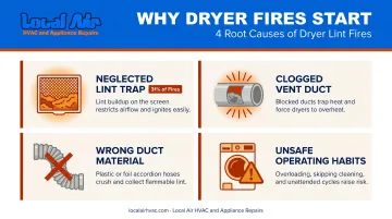 Four root causes of dryer lint fires illustrated with icons and statistics