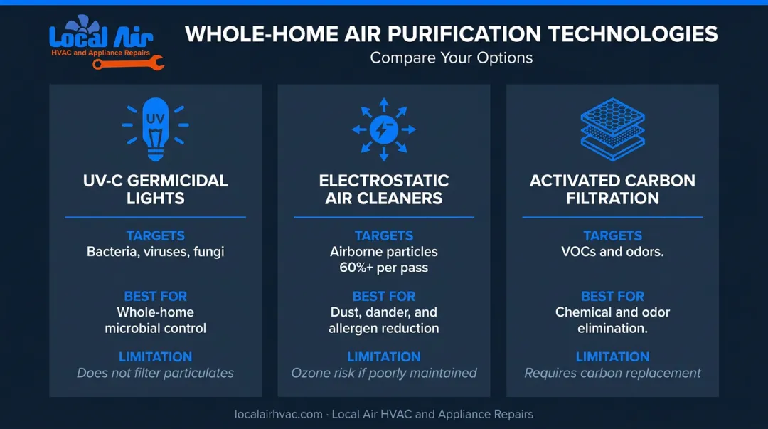 Three whole-home air purification technologies comparison UV carbon and electrostatic systems