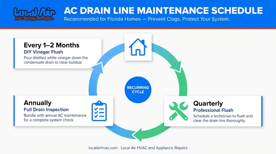 Florida AC drain line maintenance schedule quarterly flush annual inspection DIY intervals
