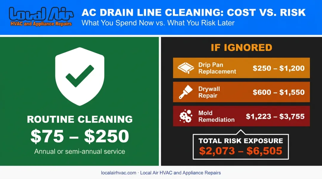 AC drain line neglect cost comparison cleaning versus water damage and mold remediation