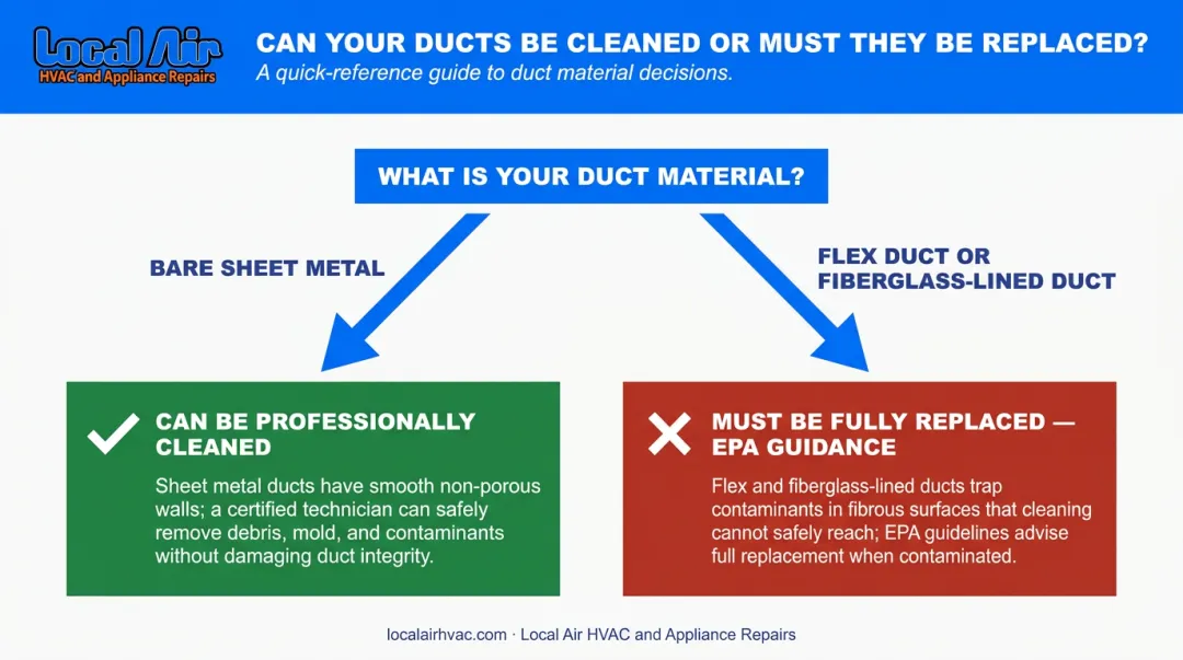 Air duct material mold cleaning versus replacement decision flowchart