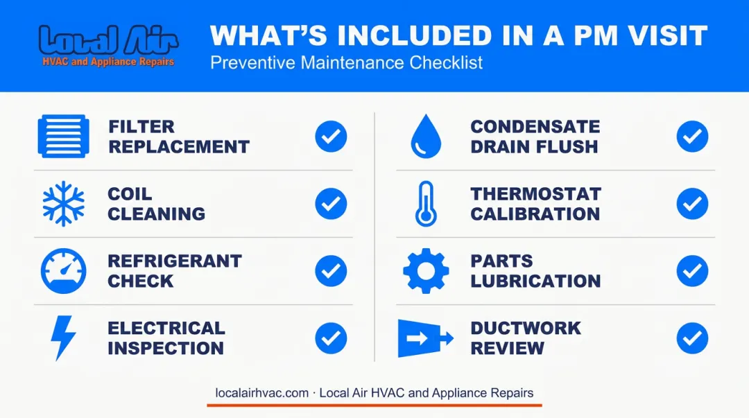 8-component HVAC preventive maintenance visit checklist infographic