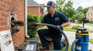 professional dryer vent cleaning technician using commercial equipment on residential duct
