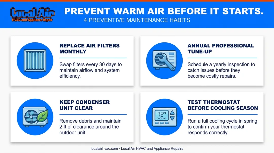Four AC warm air prevention habits checklist infographic for Florida homeowners