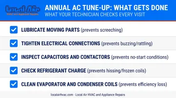 Five-point annual AC maintenance checklist preventing noise and system failure infographic
