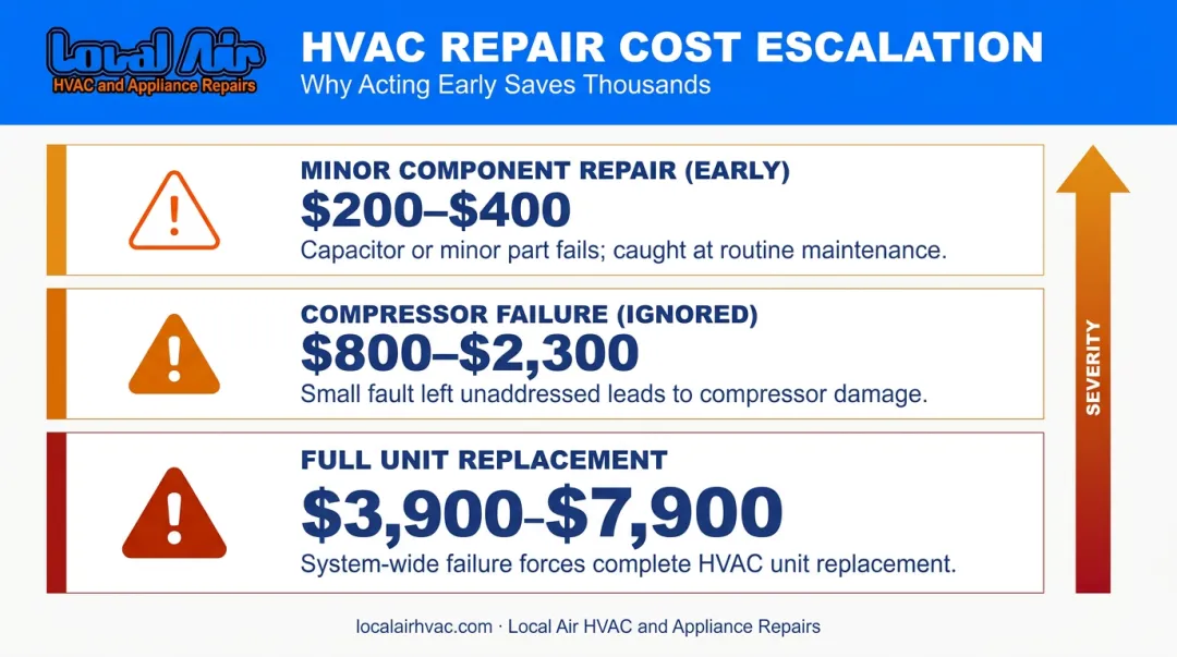 AC repair cost comparison from minor fix to full compressor replacement infographic
