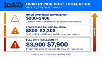 AC repair cost comparison from minor fix to full compressor replacement infographic