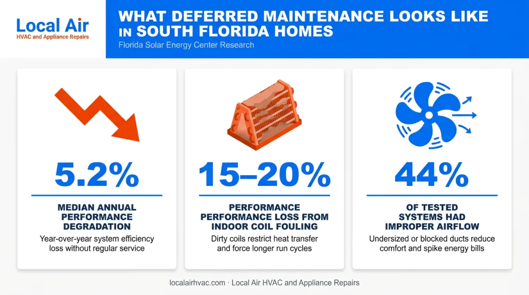 Florida AC performance degradation statistics showing maintenance neglect cost data