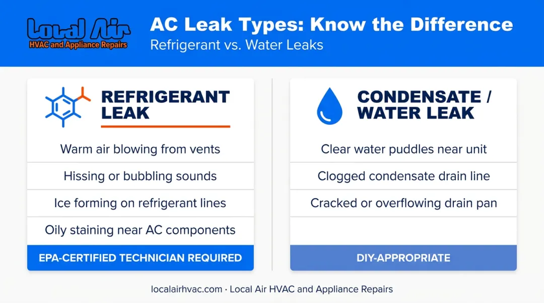 Refrigerant leak versus condensate water leak side-by-side comparison infographic