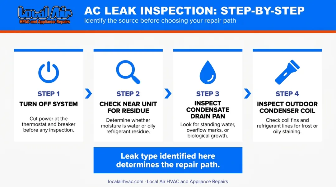 4-step AC condenser leak identification inspection process flow diagram