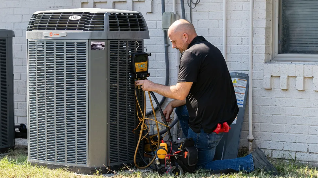 HVAC technician testing repaired air conditioner condenser unit outdoors