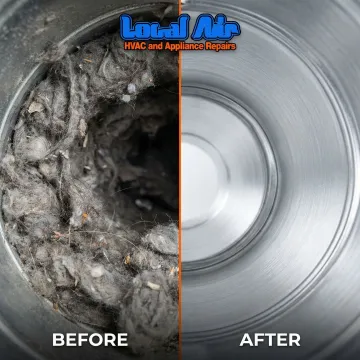 Before and after comparison of cleaned dryer vent showing lint removal